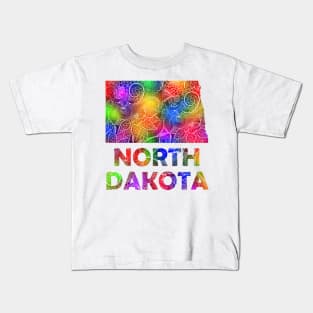 Colorful mandala art map of North Dakota with text in multicolor pattern Kids T-Shirt